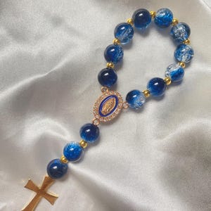 Mini Blue Glass Beaded Moses Rosary | Pocket Catholic Rosary with Gold Cross | Religious Gift for Communion, Prayer