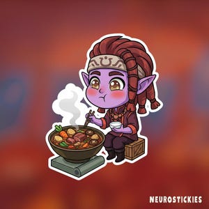 May include: A sticker illustration of a purple-skinned elf with braided hair, wearing a headband and dark clothing, sitting on a wooden crate while eating from a steaming bowl of stew with chopsticks. The text NEUROSTICKIES appears at the bottom.