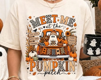 Comfort Colors® Meet Me At The Pumpkin Patch Shirt, Retro Ghost Truck Fall Graphic Tee, Leopard Plaid Autumn Apparel, Spooky Season Shirt