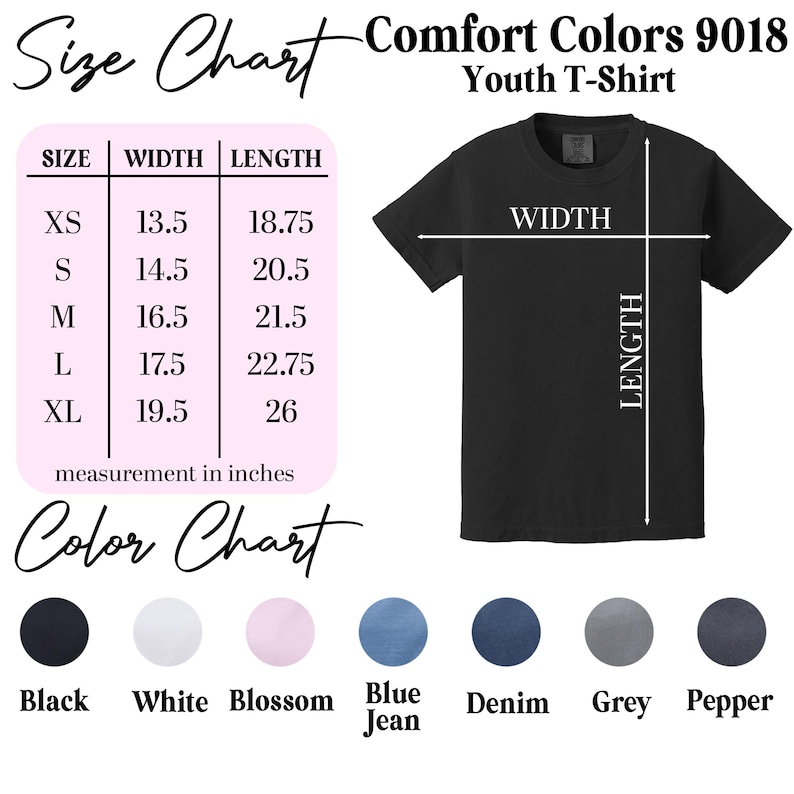 Op de afbeelding: Een maattabel voor het Comfort Colors 9018 jeugd-T-shirt met afmetingen in inches voor de maten XS tot en met XL. De tabel toont breedte- en lengtematen naast een afbeelding van een zwart T-shirt. Een kleurenkaart toont cirkels in zwart, wit, blossom, blue jean, denim, grijs en pepper.
