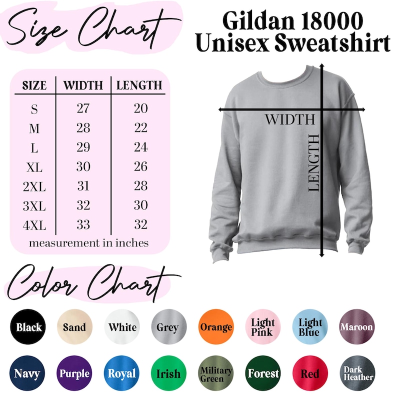 Op de afbeelding: Een maattabel en kleurenpalet voor het Gildan 18000 unisex sweatshirt. De afbeelding toont een grijs sweatshirt met breedte- en lengtepijlen, een tabel met maten S tot 4XL in inches en een kleurenpalet met zestien cirkels.