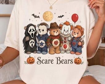 Comfort Colors® Halloween Cute Retro Slasher Bear Shirt, Scare Bears Horror Graphic Tee, Horror Character Bears Tshirt, Fall Autum Top