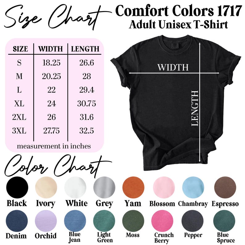 Op de afbeelding: Een maattabel en kleurenkaart voor het Comfort Colors 1717 unisex t-shirt. De maattabel toont breedtes en lengtes in inches voor de maten S tot 3XL. De kleurenkaart bevat zestien cirkelvormige kleurstalen met labels zoals Black, Ivory, White, Grey, Yam, Blossom, Chambray, Espresso, Denim, Orchid, Blue Jean, Light Green, Moss, Crunch Berry, Pepper en Blue Spruce.