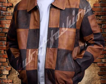 Men’s Brown Checkerboard Bomber Leather  Jacket - Vintage Patchwork Jacket
