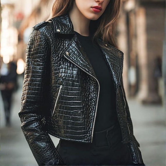 Handmade Women's Black Crocodile Textured Leather Jacket