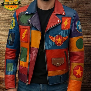 Giacca da motociclista da uomo in vera pelle di pecora multicolore, realizzata a mano - Cappotto unisex in stile retrò anni '70 con patchwork.