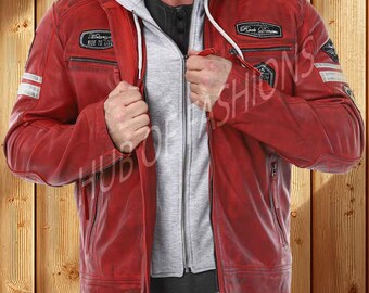 Giacca da uomo in pelle rossa con cappuccio - Giacca da motociclista vintage