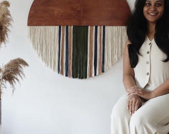 Handmade Macramé Wall Hanging – Wooden Half-Circle Base, Boho Fiber Art Décor