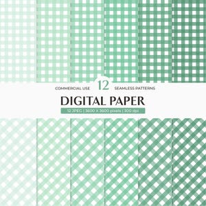 Pode incluir: Uma coleção de 12 padrões digitais sem costura em tons de verde e branco, com designs xadrez e xadrez. A imagem inclui o texto "DIGITAL PAPER" e detalhes sobre o tamanho e a resolução do arquivo.