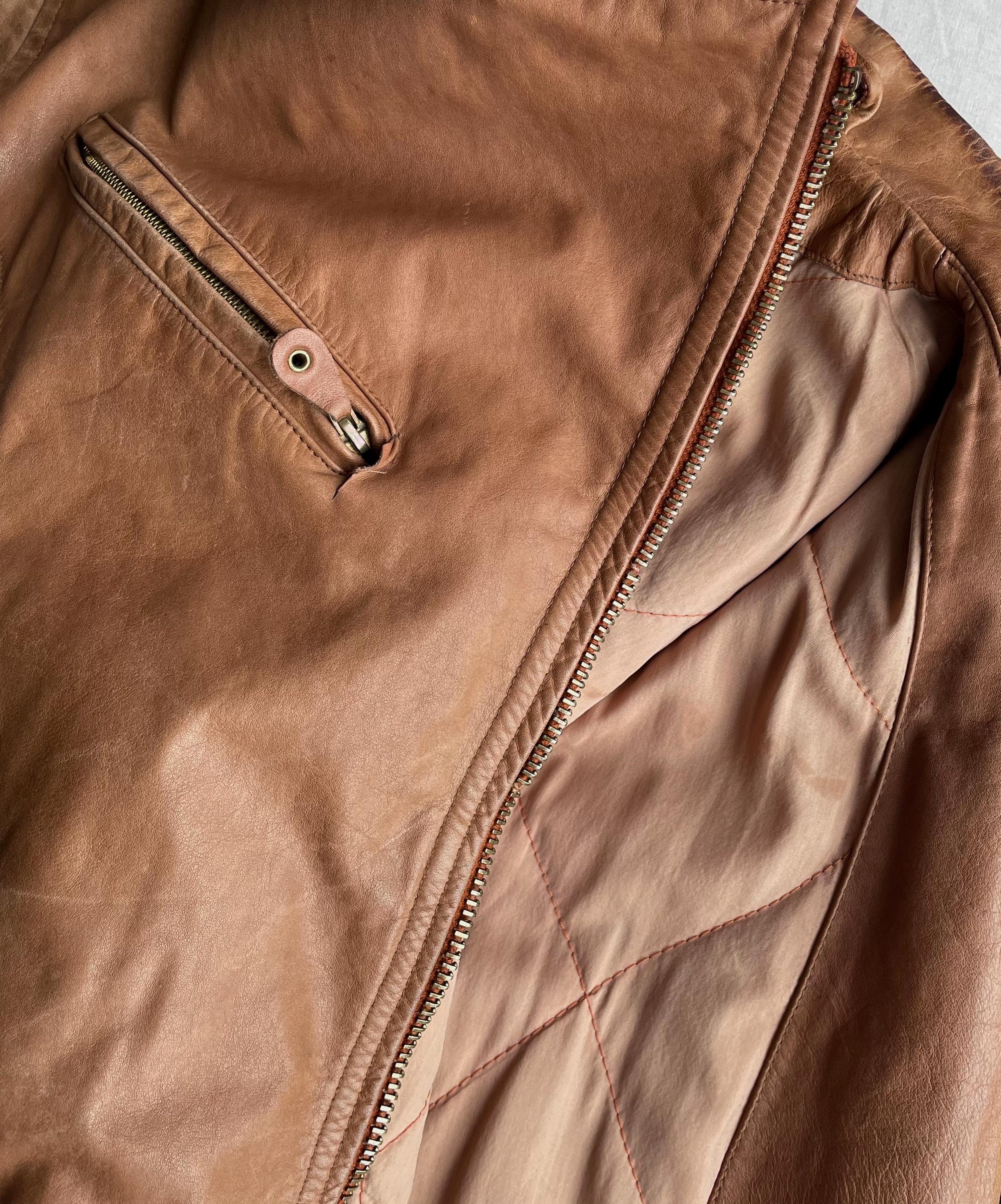 Vintage Brown Leather Biker Jacket: 80s Asymmetrical Zipper, Size