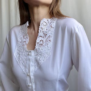 Vintage Lace Neckline White Long Sleeve Button Up Blouse, Small Medium Size S/M