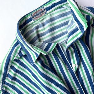 Vintage Striped Curved Hem Button Up Shirt – Blue Green White – 90s Unisex Cotton Short Sleeve, Extra Large Size XL