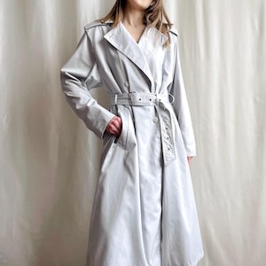 Vintage Belted Double Breasted Midi Trench Coat in Light Gray, 80s 90s Lightweight Coat, Small Medium Size S/M