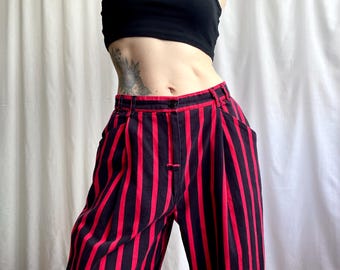 Vintage Pleated Tapered Red & Black Cotton Twill Pants, High Rise Striped Trousers with Side Pockets, Small Size S