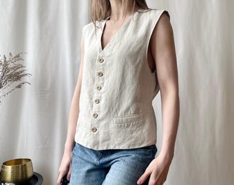 Débardeur beige vintage boutonné à col en V avec poches, taille M
