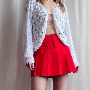 Vintage Pleated Cotton Twill Mini Skirt in Red, Y2K High / Low Waisted A-Line Denim Style Skirt, Small Medium Size S/M