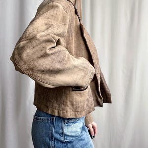 Veste en cuir souple véritable style effet vieilli vintage, veste courte blazer marron à revers cranté, petite taille moyenne S M