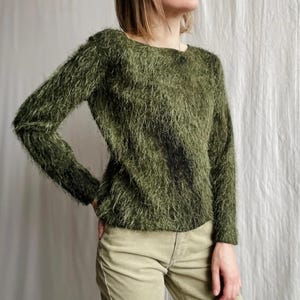 Vintage Fuzzy Pullover Top: Green Uneven Dye, Boat Neck Sweater, Size S