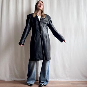 Vintage 90s Y2K Black Leather Coat, Padded Button Down Midi Coat with Notched Lapel Collar, Small Medium Size S/M
