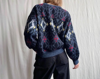 Vintage Wool Blend 80s 90s Patterned Cosby Sweater, Geometric Drop Shoulder Crewneck Pullover, Small Medium Size S/M
