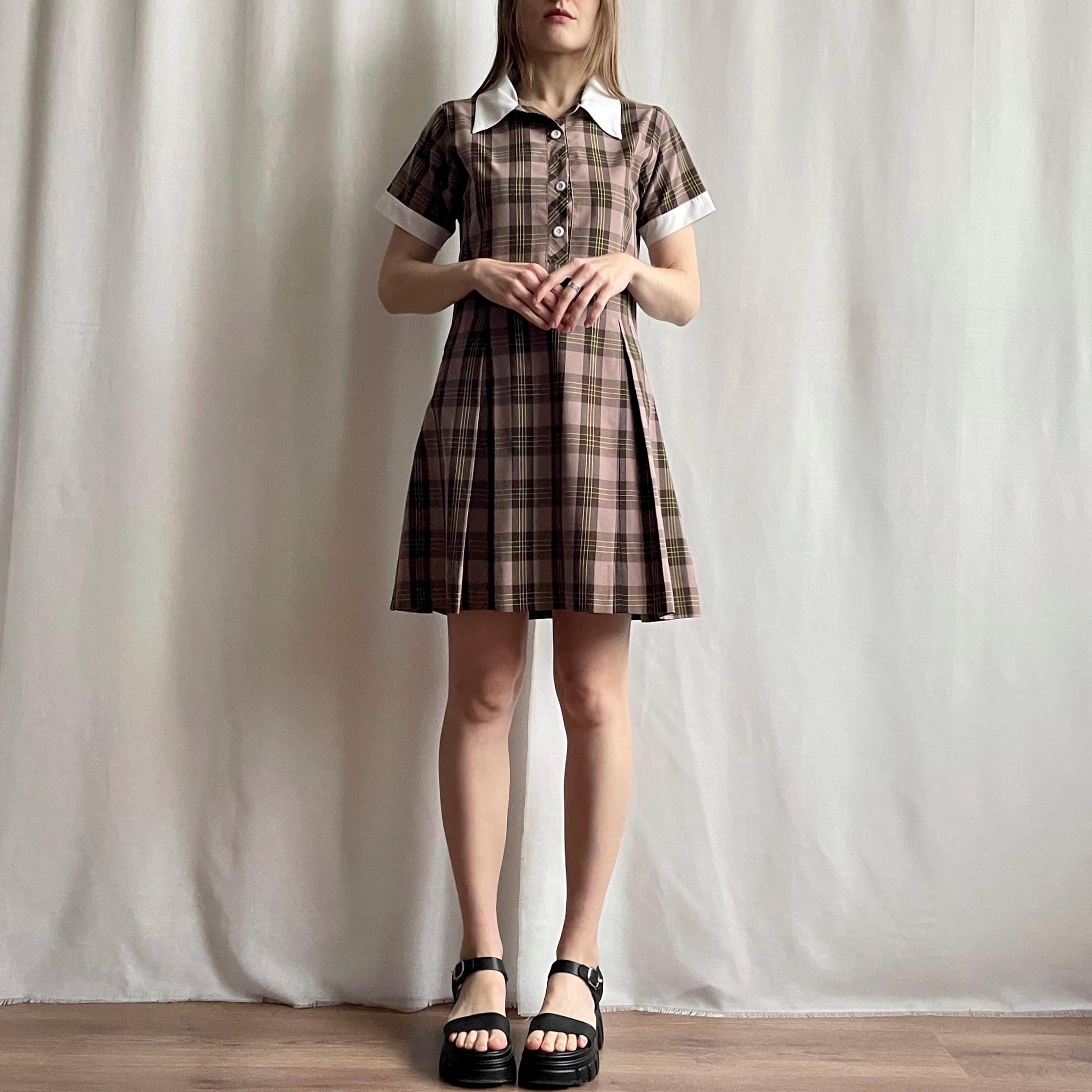 plaid collar dress flare hemline brown Vintage Plaid Mini Shirtdress, Pleated Brown Tartan Check Dress, Size S  Petite