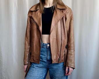 Vintage Brown Leather Biker Jacket: 80s Asymmetrical Zipper, Size