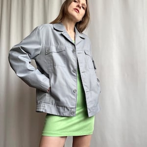 Vintage Gray Bomber Jacket with Pockets, 80s 90s Notched Lapel Collar Button Down Windbreaker Jacket, Size S/M