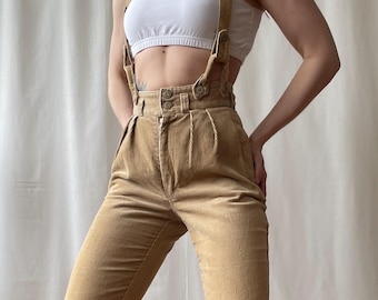 Vintage Brown Pleated Corduroy Pants With Straps, High Waist Straight Leg Cords, Size XS