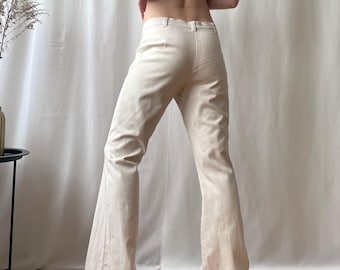 Vintage Flared Stretchy Cotton Pants, Mid Rise Cream Trousers, Size S/M