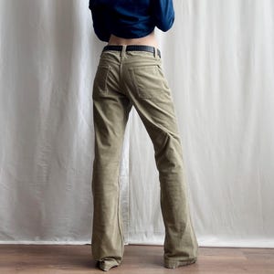 Vintage Soft Fine-Wale Corduroy Pants in Light Khaki Green, Stretchy Y2K Mid Rise Bootcut Cord Trousers, Medium Size M