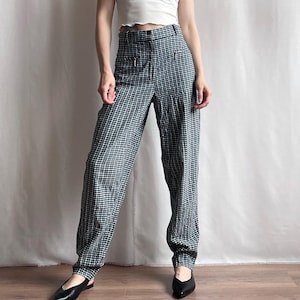 Vintage Blue & Green Plaid Tapered Pants: 80s High Waisted Trousers, Size M