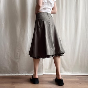 Vintage Y2K Schichten Rock Khaki Grün, A-Line Rock, Ausgestellter knielanger Baumwollrock, Kleine Größe XS / S