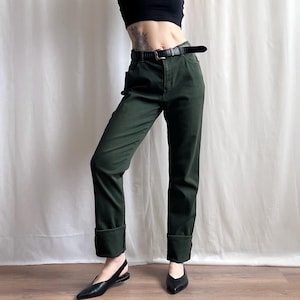 Vintage RALPH LAUREN Forest Green Tapered Denim Pants, 90s Stretchy High Waist Extra Long Jeans, Small Medium Size S/M