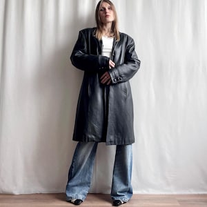 Vintage 90s Y2K Black Leather Coat, Padded Button Down Midi Coat with Notched Lapel Collar, Small Medium Size S/M