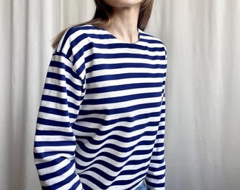 Vintage Cotton Jersey Long Sleeve T-Shirt, Navy Blue & White Striped Crewneck Pullover Top, Small Medium Size S M