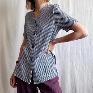 Vintage USA-Made Short Sleeve Gingham Check Button Down Shirt, 90s Casual Plaid V-Neck Blouse, Small Size S