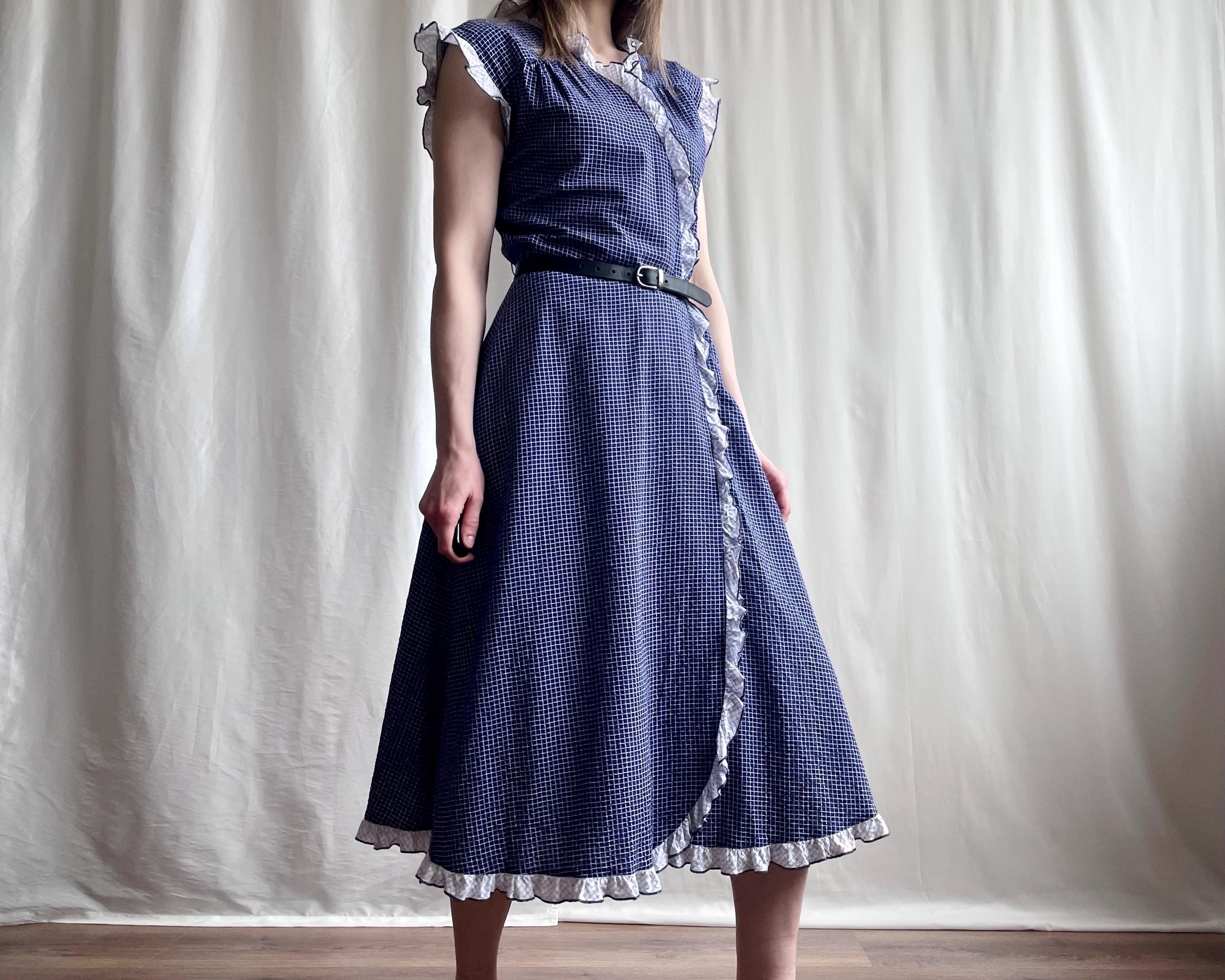 Vintage Gingham Cotton Midi Dress, Blue and White Plaid, Ruffle Trim, XS/S  - Etsy