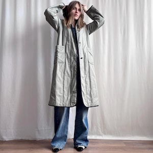 Vintage Hooded Sage Green A-Line Coat, Quilted Single Breasted Midi Liner Coat with Patch Pockets, Small Medium Size S M