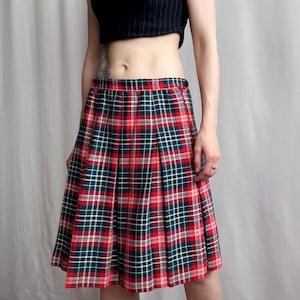 Vintage Wool Plaid Pleated A-Line Mini Skirt, Red and Green Check Above The Knee Length Skirt, Small Medium Size S/M