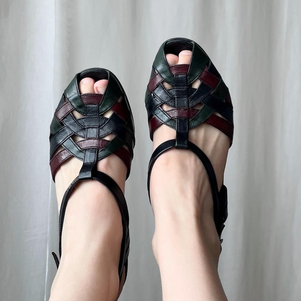 Vintage 90s Leather Strappy Heels: Black, Burgundy, Green T-Strap Sandals, EU 37 / US 6.5