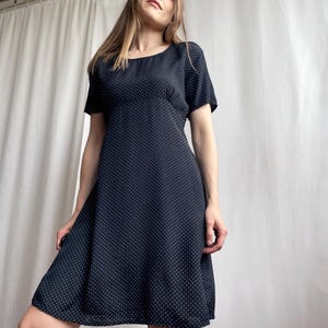 Vintage Short Sleeve Micro Polka Dot Mini Dress, 90s Back Tie Empire Waist Viscose Dress, Small Medium Size S/M