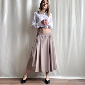 Vintage Wool Blend A-Line Skirt with Side Pockets in Taupe, Tailored Pleated Full Midi Skirt, Small Medium Size S M
