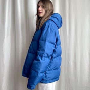 Vintage Down Puffer Jacket in Deep Blue, Genuine Down Oversized Hooded Jacket, Medium Size M