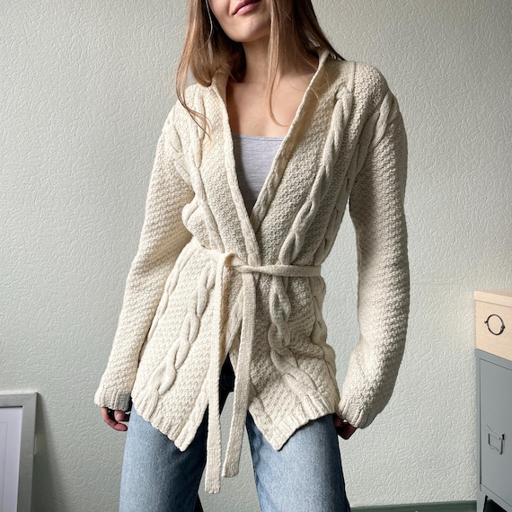 Vintage Soft Wool Cardigan with Belt, Chunky Braided Knit V-Neck Sweater, Size XS