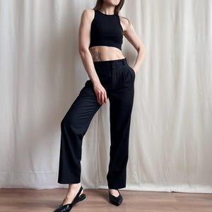 Vintage Pleated Tailored Side Pocket Trousers, High Waisted Black Tapered Leg Dress Pants, Small Size S Petite