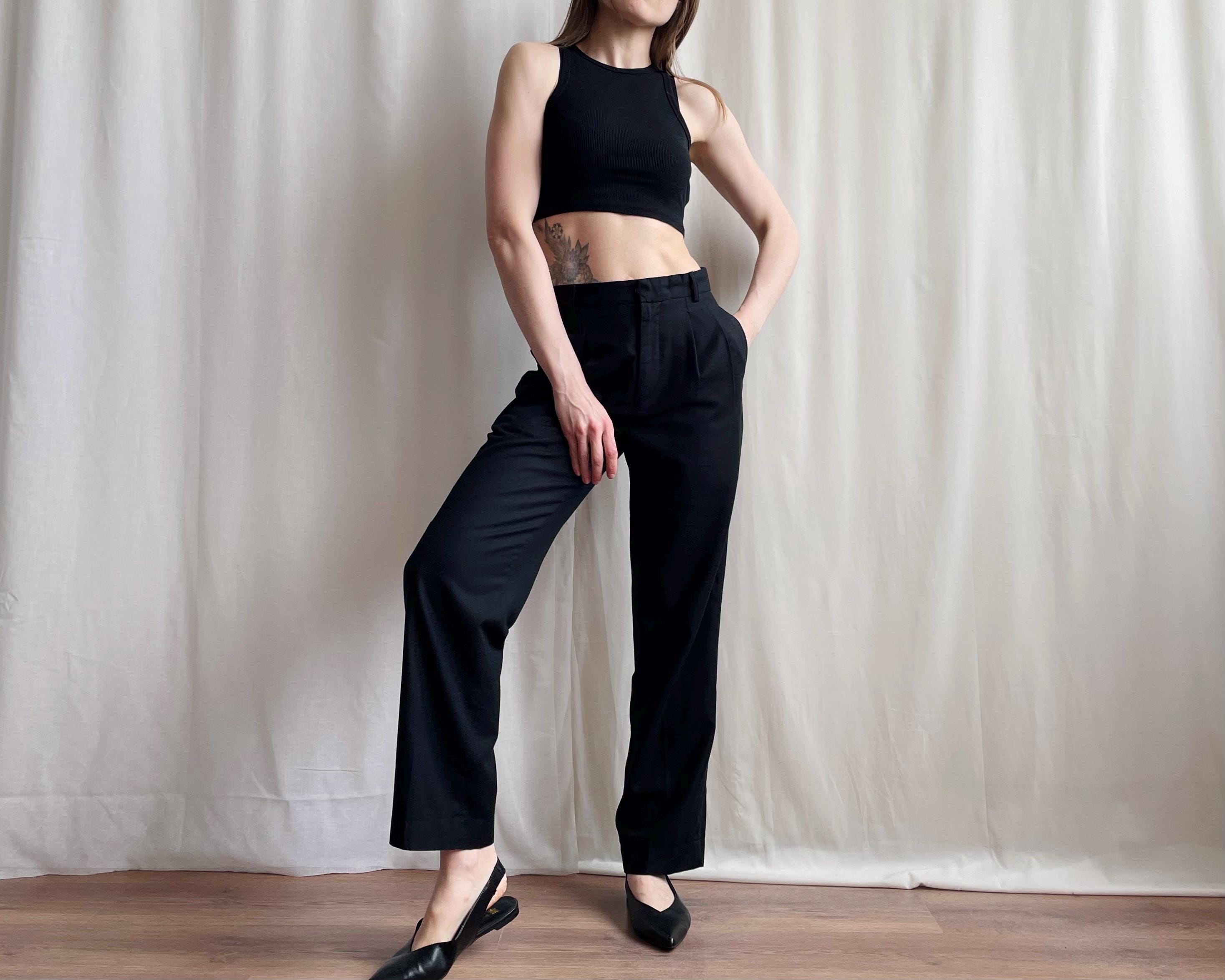Vintage Pleated Tailored Side Pocket Trousers, High Waisted Black Tapered Leg Dress Pants, Small Size S Petite