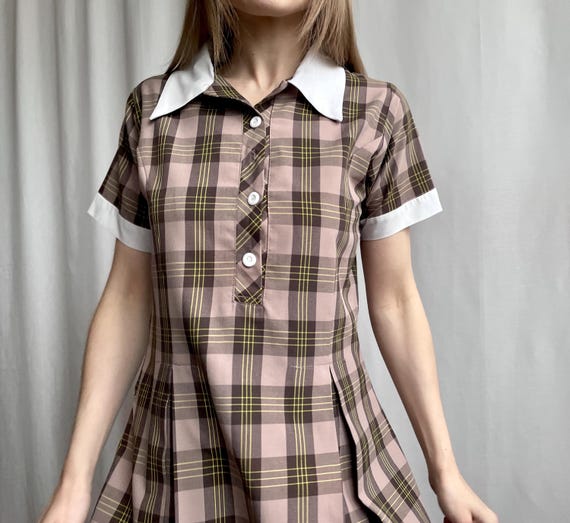 plaid brown mini dress Monk strap shoes