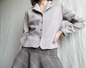 Vintage USA-Made Wool Blend Cropped Blazer in Pale Speckled Violet, Fitted Single-Breasted Jacket, Small Size XS/S