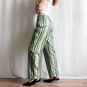 Vintage Striped Cotton Trousers: High Rise Green & White Pants, Size S/M Petite