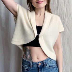 Vintage Y2K Deadstock Soft Angora Blend Bolero Cardigan, Cropped V-Neck Knitwear Top in Cream, Small Medium Large